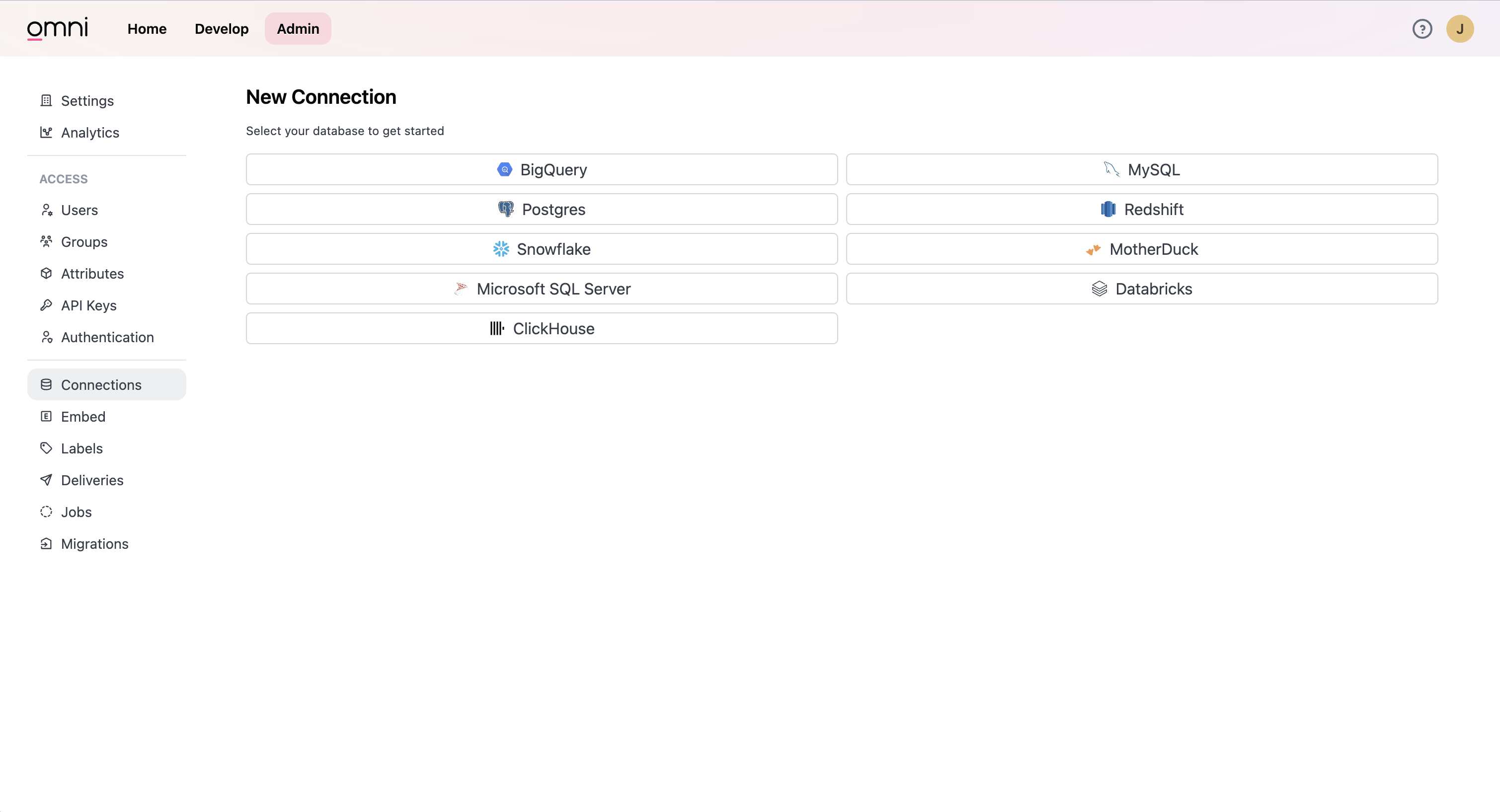 Интерфейс администрирования Omni, показывающий кнопку Add Connection в разделе Connections