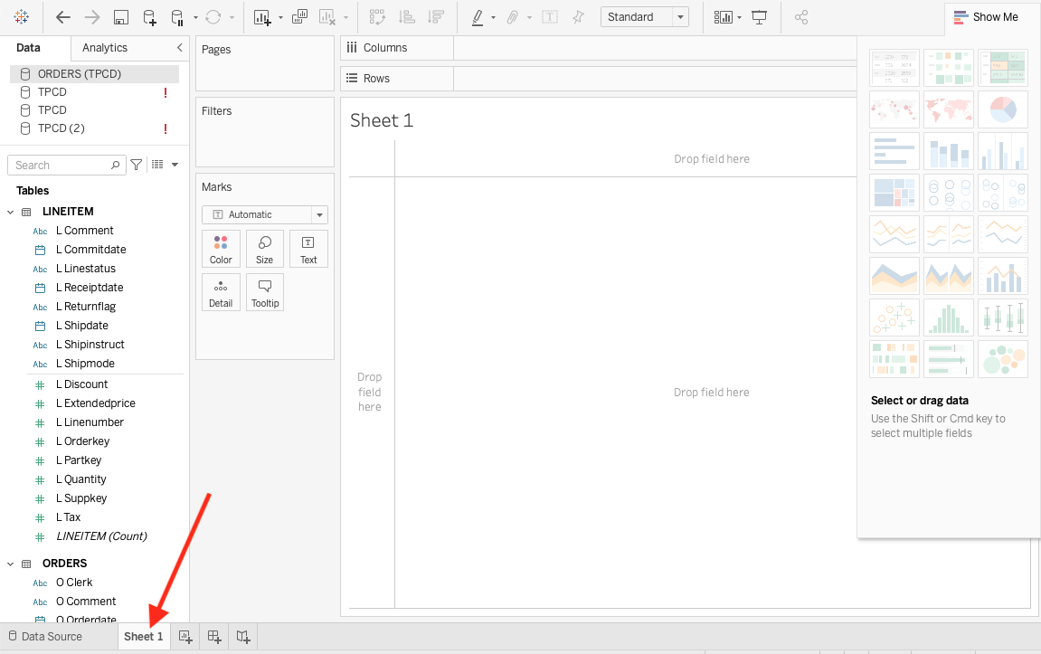 Лист Tableau, показывающий измерения и меры из таблиц ClickHouse, доступные для анализа